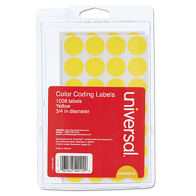 Universal Self-Adhesive Removable Color-Coding Labels, 0.75" dia, Yellow, 28/Sheet, 36 Sheets/Pack (UNV40114)