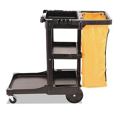 Rubbermaid Commercial Multi-Shelf Cleaning Cart, Plastic, 4 Shelves, 1 Bin, 20" x 45" x 38.25", Black (RCP617388BK)