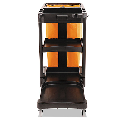Rubbermaid Commercial Multi-Shelf Cleaning Cart, Plastic, 4 Shelves, 1 Bin, 20" x 45" x 38.25", Black (RCP617388BK)