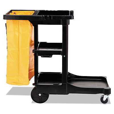 Rubbermaid Commercial Multi-Shelf Cleaning Cart, Plastic, 4 Shelves, 1 Bin, 20" x 45" x 38.25", Black (RCP617388BK)