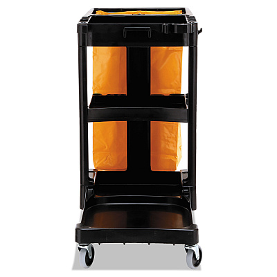 Rubbermaid Commercial Multi-Shelf Cleaning Cart, Plastic, 4 Shelves, 1 Bin, 20" x 45" x 38.25", Black (RCP617388BK)