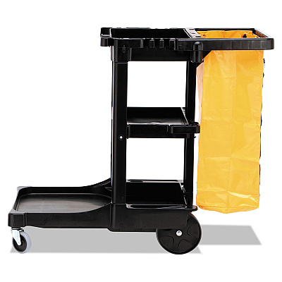 Rubbermaid Commercial Multi-Shelf Cleaning Cart, Plastic, 4 Shelves, 1 Bin, 20" x 45" x 38.25", Black (RCP617388BK)