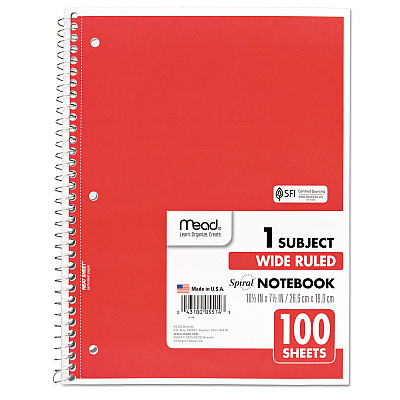Mead Spiral Notebook, 3-Hole Punched, 1-Subject, Wide/Legal Rule, Randomly Assorted Cover Color, (100) 10.5 x 7.5 Sheets (MEA05514)