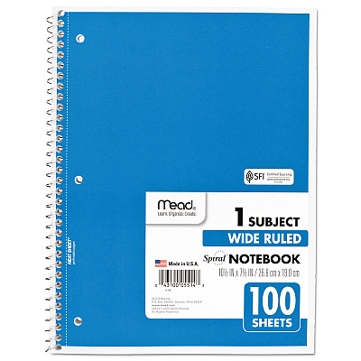 Mead Spiral Notebook, 3-Hole Punched, 1-Subject, Wide/Legal Rule, Randomly Assorted Cover Color, (100) 10.5 x 7.5 Sheets (MEA05514)