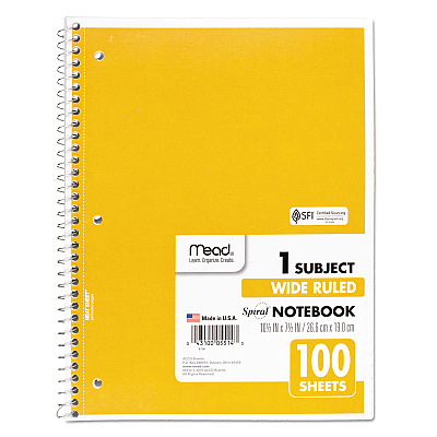Mead Spiral Notebook, 3-Hole Punched, 1-Subject, Wide/Legal Rule, Randomly Assorted Cover Color, (100) 10.5 x 7.5 Sheets (MEA05514)