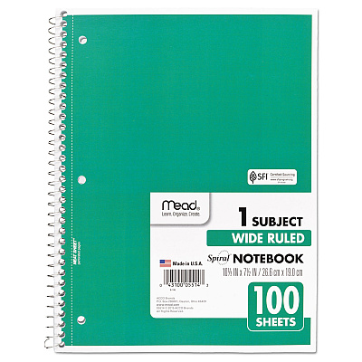 Mead Spiral Notebook, 3-Hole Punched, 1-Subject, Wide/Legal Rule, Randomly Assorted Cover Color, (100) 10.5 x 7.5 Sheets (MEA05514)