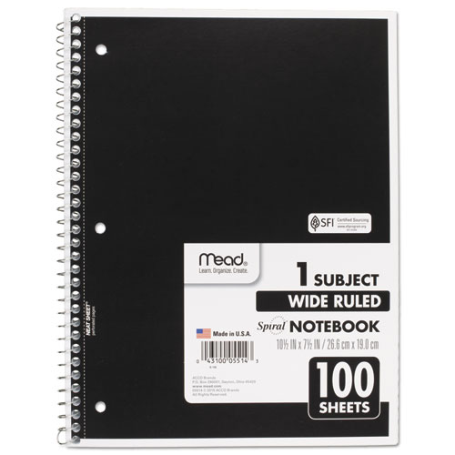 Mead Spiral Notebook, 3-Hole Punched, 1-Subject, Wide/Legal Rule, Randomly Assorted Cover Color, (100) 10.5 x 7.5 Sheets (05514)