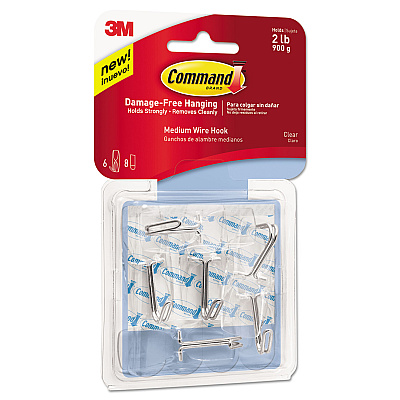 Command Clear Hooks and Strips, Medium, Plastic, 2 lb Capacity, 6 Hooks and 8 Strips/Pack (MMM17065CLRVPES)