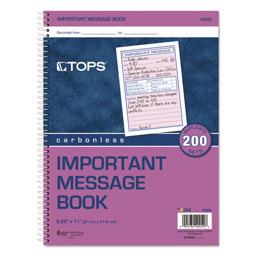 TOPS Telephone Message Book with Fax/Mobile Section, Two-Part Carbonless, 3.88 x 5.5, 4 Forms/Sheet, 200 Forms Total (4005)