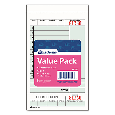 Adams Guest Check Unit Set, Two-Part Carbonless, 6.75 x 4.25, 50 Forms/Pad, 5 Pads/Pack (ABF947SWC)