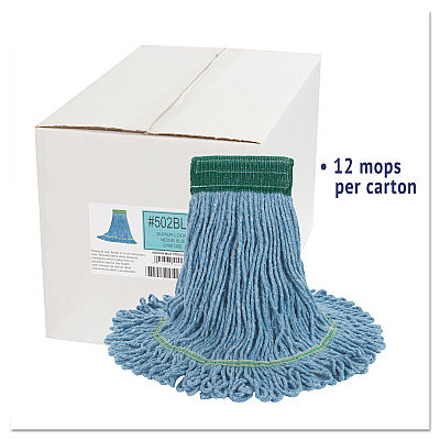 Boardwalk Super Loop Wet Mop Head, Cotton/Synthetic Fiber, 5" Headband, Medium Size, Blue, 12/Carton (BWK502BLCT)
