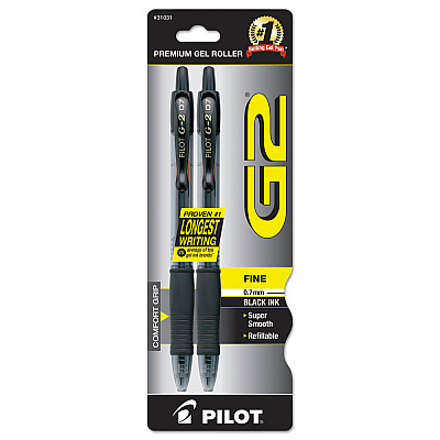 Pilot G2 Premium Gel Pen, Retractable, Fine 0.7 mm, Black Ink, Smoke/Black Barrel, 2/Pack (PIL31031)