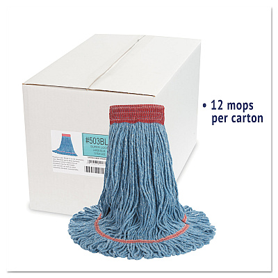 Boardwalk Super Loop Wet Mop Head, Cotton/Synthetic Fiber, 5" Headband, Large Size, Blue, 12/Carton (BWK503BLCT)