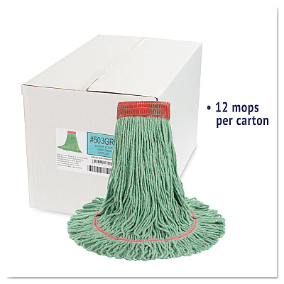 Boardwalk Super Loop Wet Mop Head, Cotton/Synthetic Fiber, 5" Headband, Large Size, Green, 12/Carton (BWK503GNCT)
