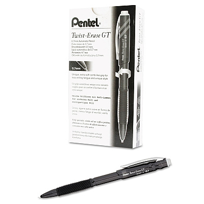 Pentel Twist-Erase GT Pencils, 0.7 mm, HB (#2), Black Lead, Black Barrel (PENQE207A)
