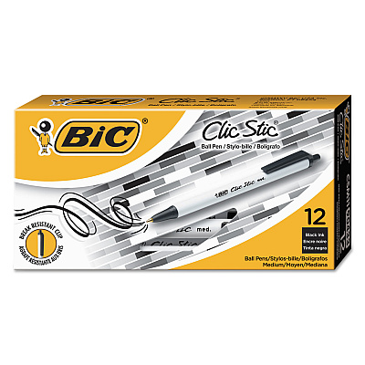 BIC Clic Stic Ballpoint Pen Value Pack, Retractable, Medium 1 mm, Black Ink, White Barrel, 24/Pack (BICCSM241BK)