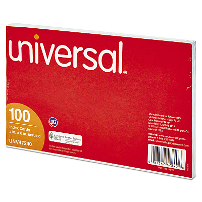 Universal Unruled Index Cards, 5 x 8, White, 100/Pack (UNV47240)
