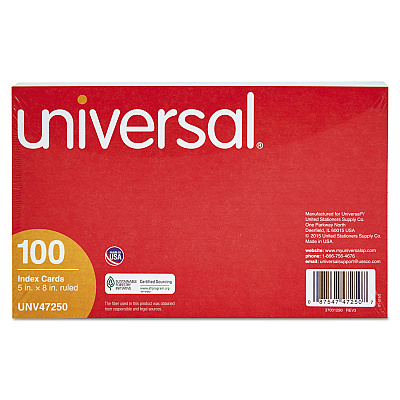 Universal Ruled Index Cards, 5 x 8, White, 100/Pack (UNV47250)