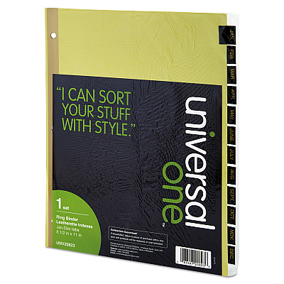 Universal Deluxe Preprinted Simulated Leather Tab Dividers with Gold Printing, 12-Tab, Jan. to Dec., 11 x 8.5, Buff, 1 Set (UNV20823)
