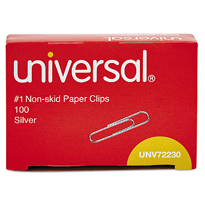 Universal Paper Clips, #1, Nonskid, Silver, 100 Clips/Box, 10 Boxes/Pack (UNV72230)