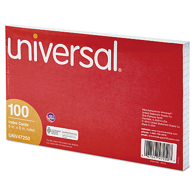 Universal Ruled Index Cards, 5 x 8, White, 100/Pack (UNV47250)