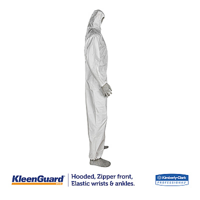 KleenGuard A35 Liquid and Particle Protection Coveralls, Zipper Front, Hooded, Elastic Wrists and Ankles, Large, White, 25/Carton (KCC38938)