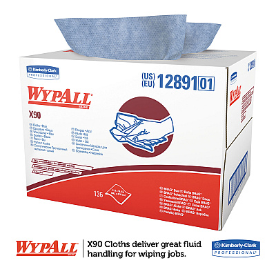 WypAll X90 Cloths, BRAG Box, 2-Ply, 11.1 x 16.8, Denim Blue, 136/Carton (KCC12891)