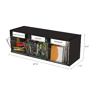 deflecto Tilt Bin Interlocking Multi-Bin Storage Organizer, 3 Sections, 23.63" x 7.75" x 9.5", Black/Clear (DEF20304OP)
