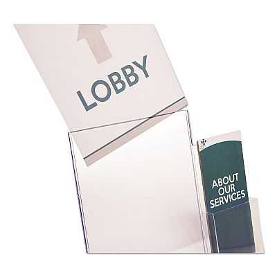 deflecto Superior Image Slanted Sign Holder with Side Pocket, 13.5w x 4.25d x 10.88h, Clear (DEF599401)