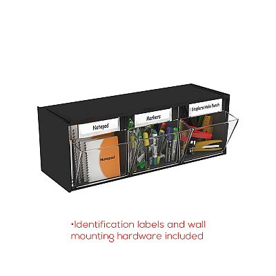 deflecto Tilt Bin Interlocking Multi-Bin Storage Organizer, 3 Sections, 23.63" x 7.75" x 9.5", Black/Clear (DEF20304OP)