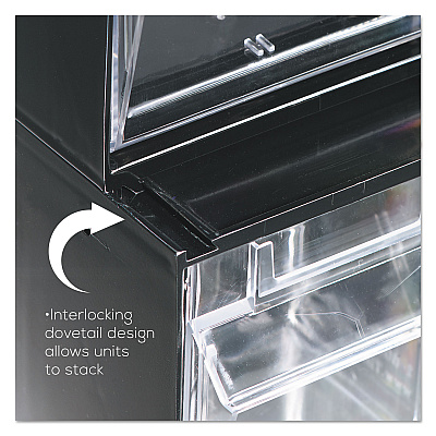 deflecto Tilt Bin Interlocking Multi-Bin Storage Organizer, 3 Sections, 23.63" x 7.75" x 9.5", Black/Clear (DEF20304OP)