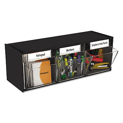 deflecto Tilt Bin Interlocking Multi-Bin Storage Organizer, 3 Sections, 23.63" x 7.75" x 9.5", Black/Clear (DEF20304OP)