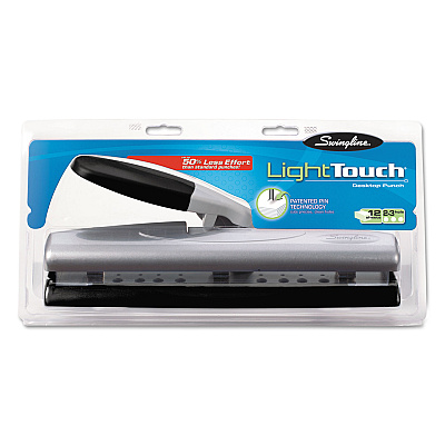 Swingline 12-Sheet LightTouch Desktop Two- to Three-Hole Punch, 9/32" Holes, Black/Silver (SWI74026)