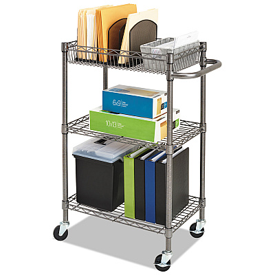 Alera Three-Tier Wire Cart with Basket, Metal, 2 Shelves, 1 Bin, 500 lb Capacity, 28" x 16" x 39", Black Anthracite (ALESW342416BA)