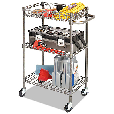 Alera Three-Tier Wire Cart with Basket, Metal, 2 Shelves, 1 Bin, 500 lb Capacity, 28" x 16" x 39", Black Anthracite (ALESW342416BA)