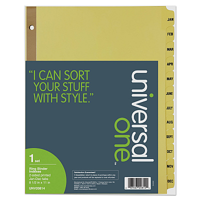 Universal Deluxe Preprinted Plastic Coated Tab Dividers with Black Printing, 12-Tab, Jan. to Dec., 11 x 8.5, Buff, 1 Set (UNV20814)