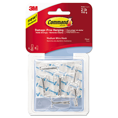 Command Clear Hooks and Strips, Medium, Plastic, 2 lb Capacity, 6 Hooks and 8 Strips/Pack (MMM17065CLRVPES)