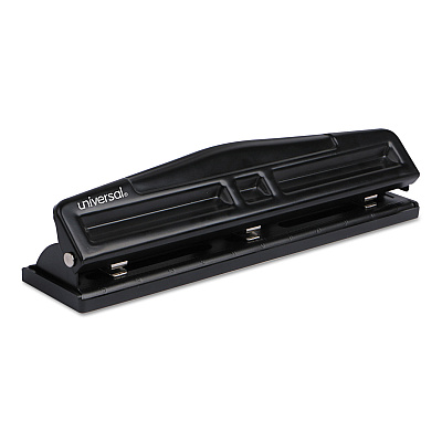 Universal 12-Sheet Deluxe Two- and Three-Hole Adjustable Punch, 9/32" Holes, Black (UNV74323)
