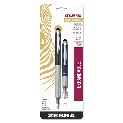 Zebra StylusPen Telescopic Ballpoint Pen/Stylus, Retractable, Medium 1 mm, Black Ink, Blue/Gray Barrel, 2/Pack (ZEB33602)