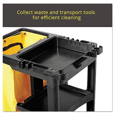 Rubbermaid Commercial Multi-Shelf Cleaning Cart, Plastic, 4 Shelves, 1 Bin, 20" x 45" x 38.25", Black (RCP617388BK)