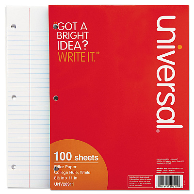 Universal Filler Paper, 3-Hole, 8.5 x 11, Medium/College Rule, 100/Pack (UNV20911)