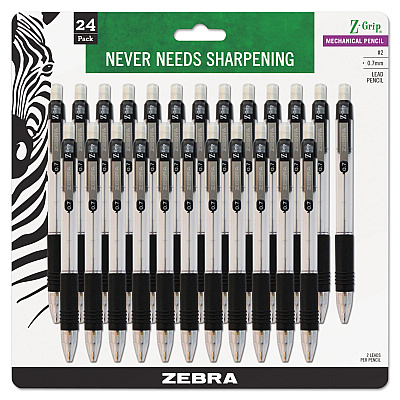 Zebra Z-Grip Mechanical Pencil, 0.7 mm, HB (#2), Black Lead, Clear/Black Barrel, 24/Pack (ZEB15241)