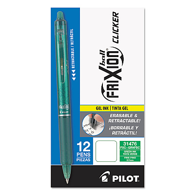 Pilot FriXion Clicker Erasable Gel Pen, Retractable, Fine 0.7 mm, Green Ink, Green Barrel, Dozen (PIL31476)