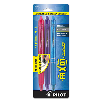 Pilot FriXion Clicker Erasable Gel Pen, Retractable, Fine 0.7 mm, Three Assorted Ink and Barrel Colors, 3/Pack (PIL31469)