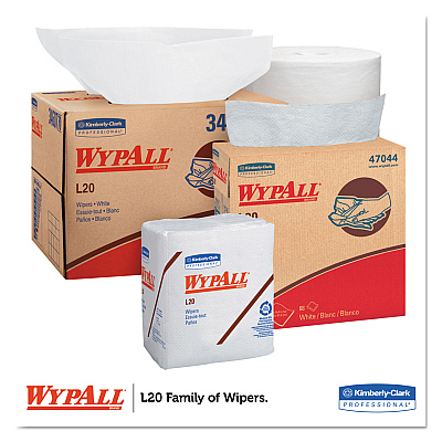 WypAll L20 Towels, POP-UP Box, 4-Ply, 9.1 x 16.8, Unscented, White, 88/Box, 10 Boxes/Carton (KCC47044)
