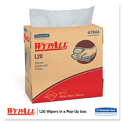 WypAll L20 Towels, POP-UP Box, 4-Ply, 9.1 x 16.8, Unscented, White, 88/Box, 10 Boxes/Carton (KCC47044)
