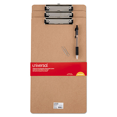 Universal Hardboard Clipboard with Low-Profile Clip, 0.5" Clip Capacity, Holds 8.5 x 14 Sheets, Brown, 3/Pack (UNV05563)