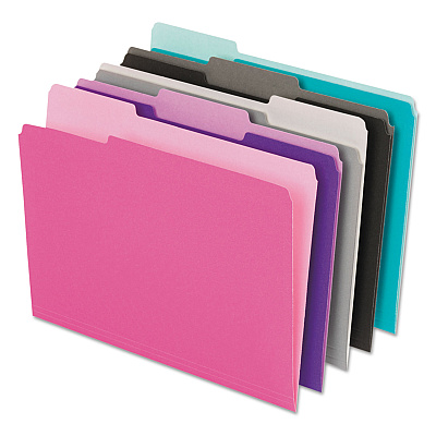 Pendaflex Interior File Folders, 1/3-Cut Tabs: Assorted, Letter Size, Assorted Colors: Aqua/Black/Gray/Pink/Violet, 100/Box (PFX421013ASST2)