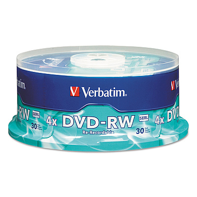 Verbatim DVD-RW Rewritable Disc, 4.7 GB, 4x, Spindle, Silver, 30/Pack (VER95179)