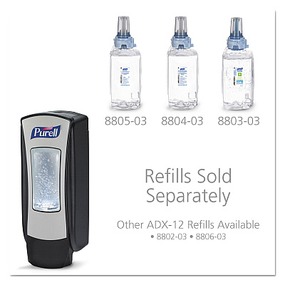 PURELL ADX-12 Dispenser, 1,200 mL, 4.5 x 4 x 11.25, Chrome/Black, 6/Carton (GOJ882806)